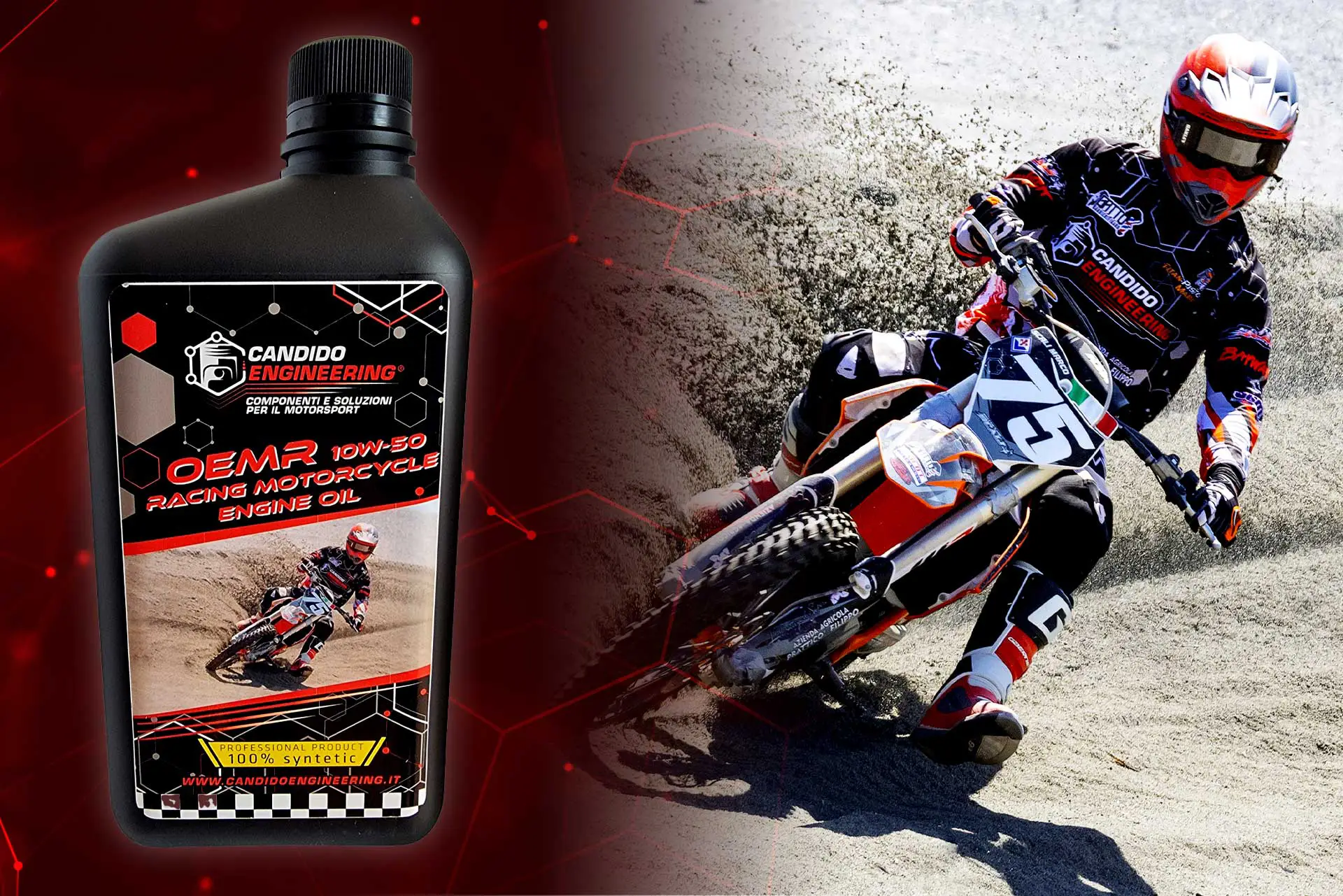 CANDIDO-ENGINEEING-RACING-MOTOR-OIL Olio motore moto da corsa e pilota in azione